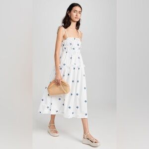 En Saison Alani Nidi Seashell White Blue Cotton Bow Shirred Midi Dress Small